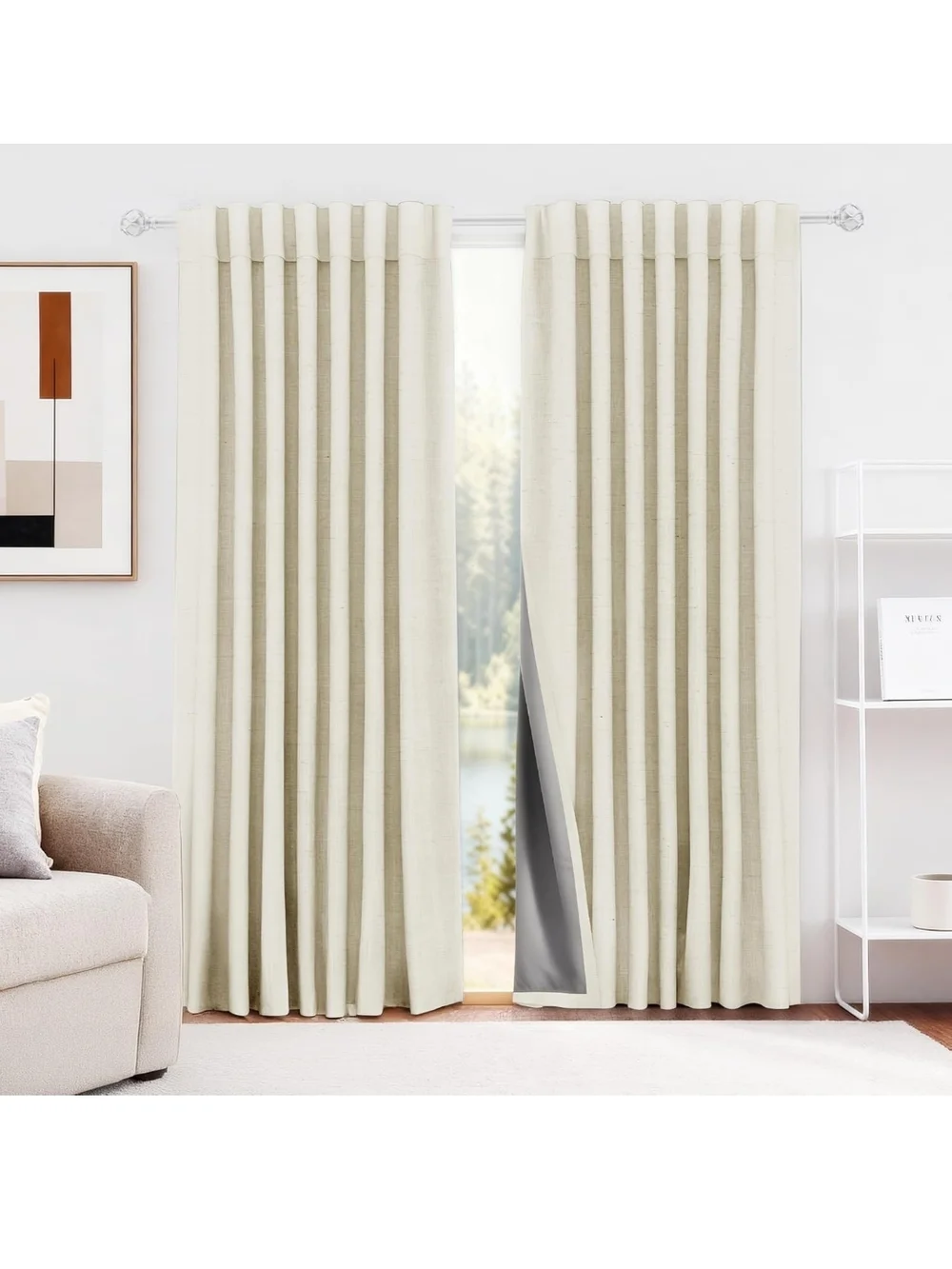 HESTIA Cream Linen Blackout Curtains Energy Saving Drapes Size: 52